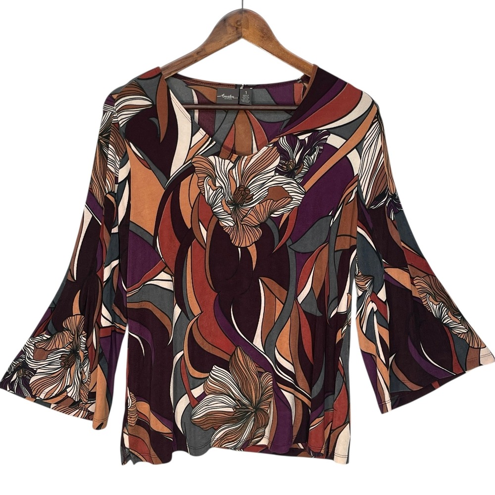 Chicos Travelers Womens Size 1 Abstract Floral V-Neck Bell Sleeve Blouse Top - Picture 4 of 10